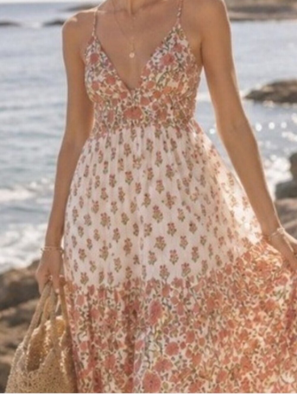 Japna Cotton Cream Maxi Dress with Pink Floral Print Size XL